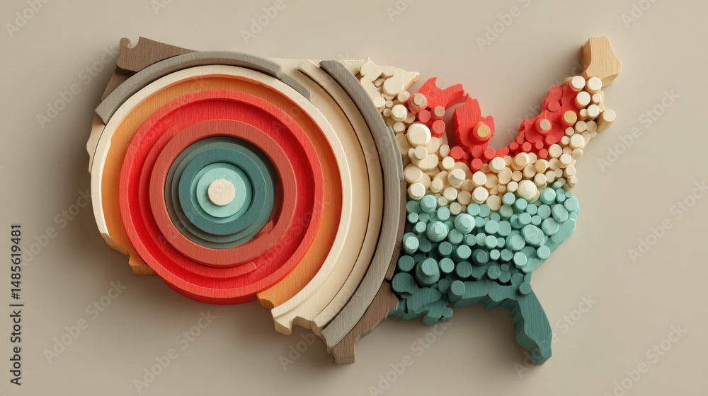 Poster artistic map made out of paper representing consumer confidence index with automated icon concept fo