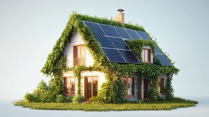 Bright green bushy house covered in lush foliage with solar panels on the roof and a chimney, showcasing eco-friendly renewable energy for sustainable living