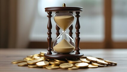 Time is money concept hourglass and gold coins investment opportunity