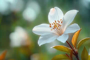 Fototapeta premium Delicate white flower with prominent orange stamens and soft green and yellow leaves against a blurred natural background