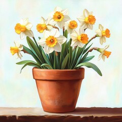 Bright yellow and white daffodils in full bloom arranged in a classic terracotta pot on a wooden surface with a soft pastel background