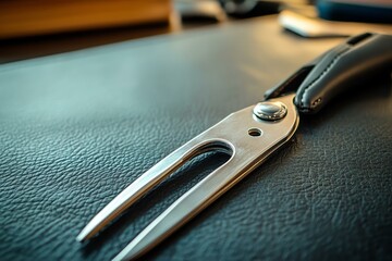 A realistic leather creaser mockup with a metal design, placed on a table