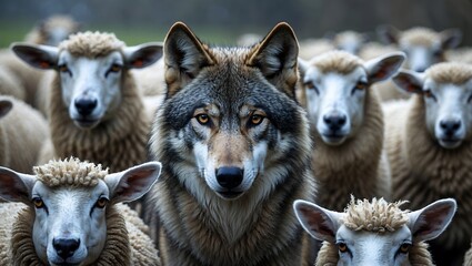 Obraz premium A gray wolf's intense gaze among the sheep