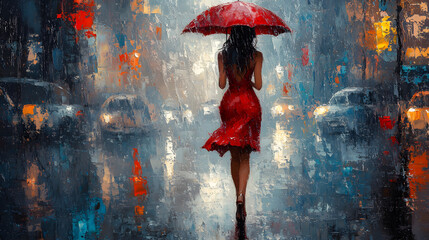 Elegant Woman in Red Dress with Vibrant Red Umbrella Walking Through Rainy City Street