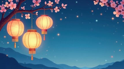 Serene Night Scene with Illuminated Lanterns Hanging from Blossom-Adorned Branches Against a Starry Sky Backdrop