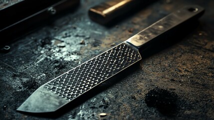 A realistic sculpting rasp mockup with a metal design, placed on a table