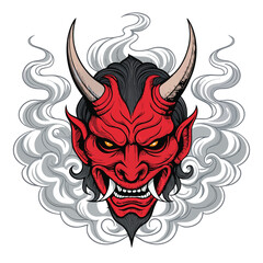 Render a detailed demonic head, sharp horns, swirling smoke, fiery eyes, intense expression.  High resolution, dark fantasy art.