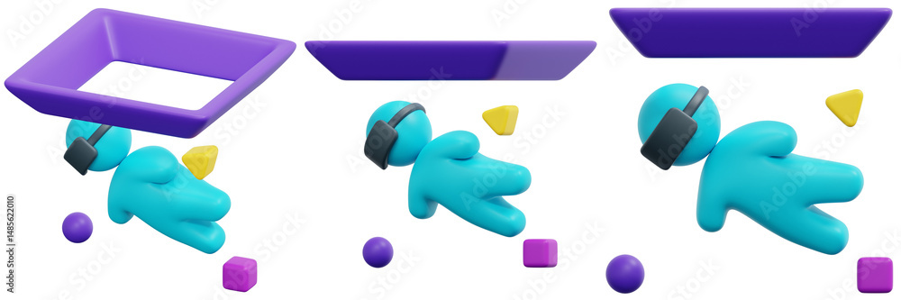 Aufkleber set of abstract 3d render of cyan avatar in virtual space with purple geometric shapes 3d render ico