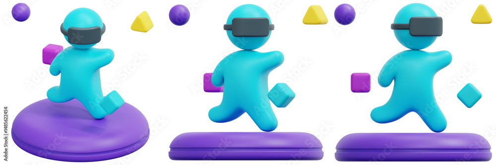 Poster set of cyan virtual reality running avatar with geometric shapes on purple platform 3d render icon i