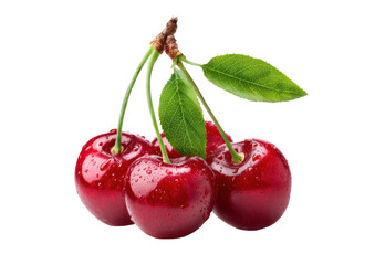 fresh red cherries with green leaves isolated on white or transparent png
