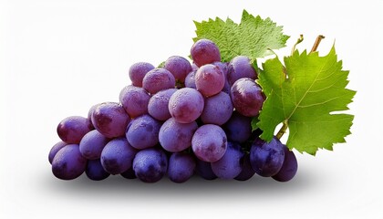 Fototapeta premium Ripe Purple Grapes with Green Leaves on White Background