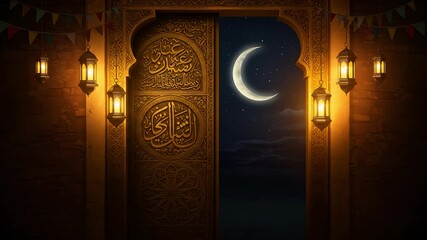 Ornate carved doorway opens to moonlit night with lanterns - Powered by Adobe