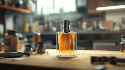 A realistic mockup of a branded perfume bottle filler, placed on a workbench