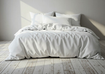 Clean and Bright Bedroom with White Bedding: A tidy bedroom with light blue walls, white bedding, wooden nightstands, and natural light streaming through a large window.