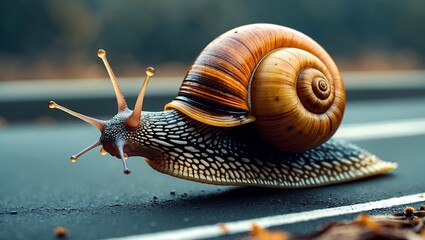 A whimsical snail riding a bicycle on the road