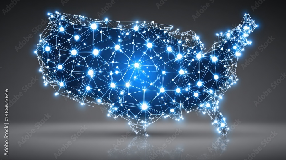 Poster usa map with network of stars featuring blockchain-based gdp tokenization model icon concept for eco