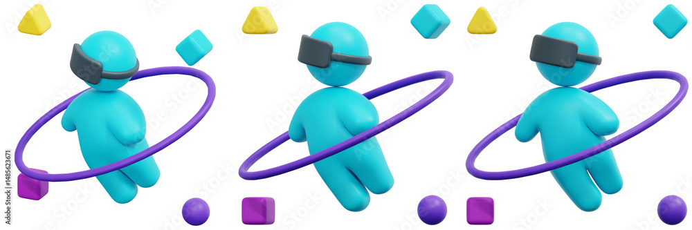 Poster set of teal virtual reality avatars orbiting in a colorful 3d space 3d render icon illustration