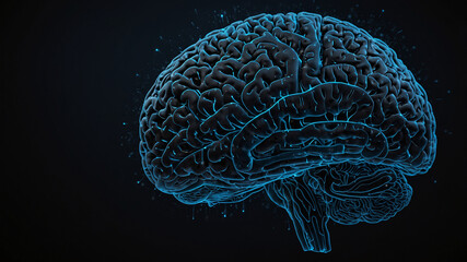 Features a digital rendering of a human brain illuminated in glowing blue lines, resembling a neural network or circuitry
