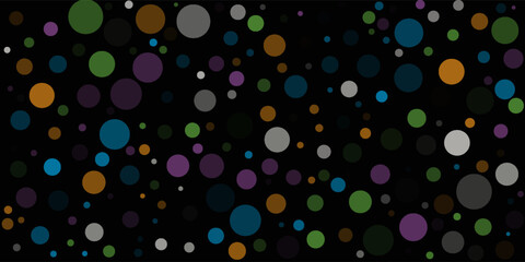 Seamless vector pattern with orange, green, purple colored polka dots on black. Textile, scrapbook