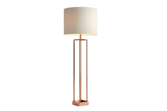 A set of modern floor lamps with soft cream shades and metallic rose gold accents, isolated on a transparent background