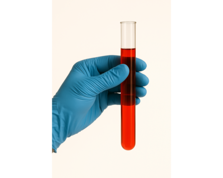 hand holding test tube with blood isolated on transparent or white background PNG