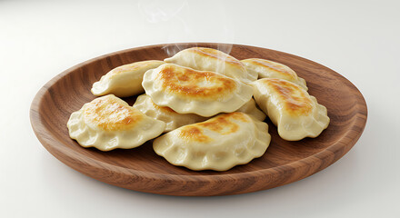 Steaming pierogi on a wooden plate