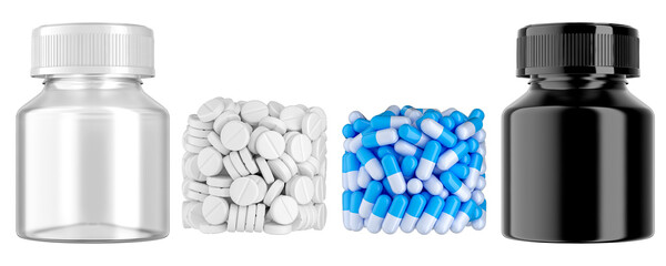 Set of transparent jar and filling of jar with tablets and capsules. Label for your design on separate image. High lights on separate image overlay through screen. 3D render.
