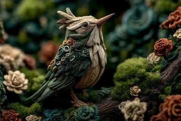 Whimsical wooden bird in floral forest