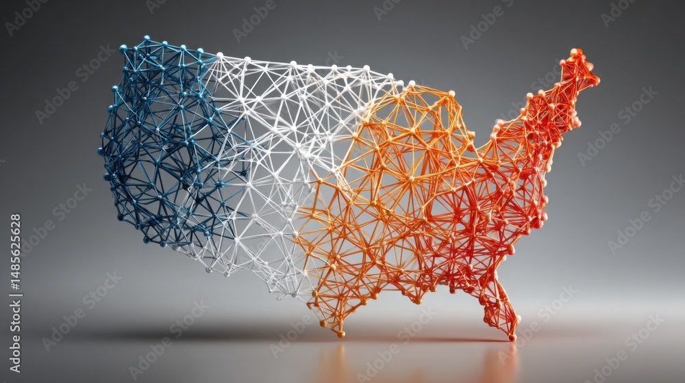Poster artistic representation of the united states constructed from colored lines emphasizing blockchain w