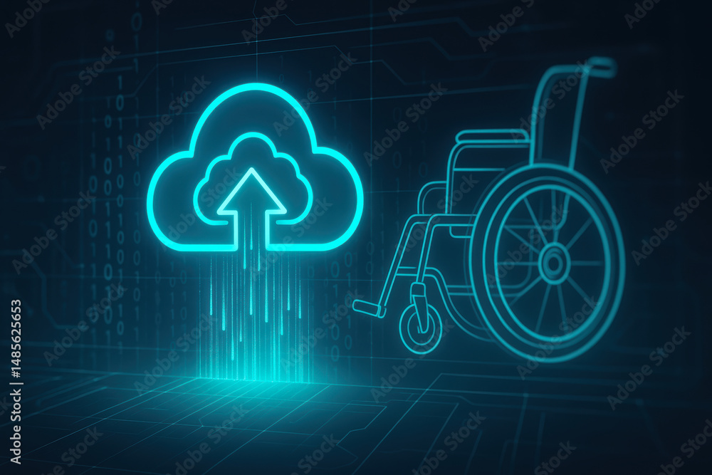 Poster futuristic digital cloud upload concept with glowing wheelchair outline symbolizing advanced technol