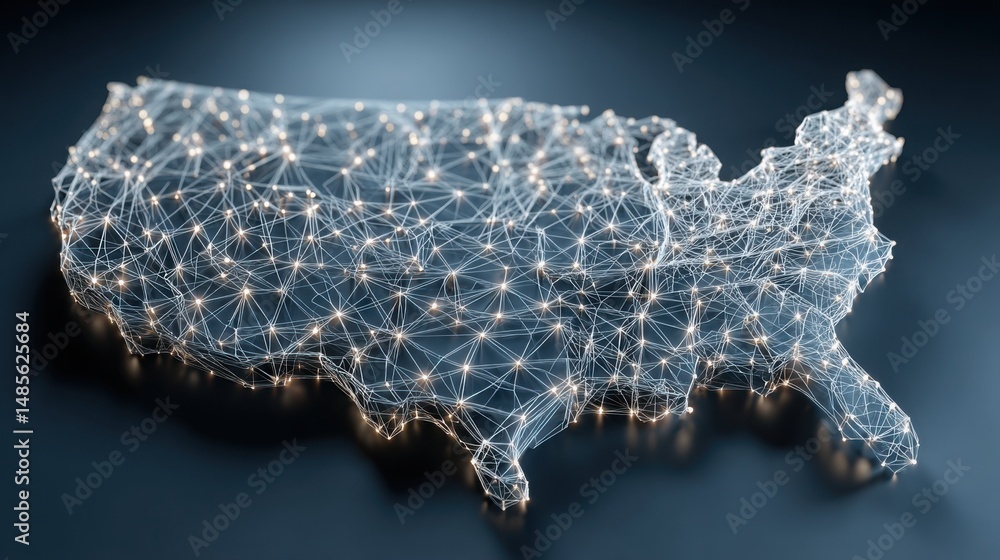 Poster united states map enhanced with a network of illuminated lines representing blockchain welfare syste