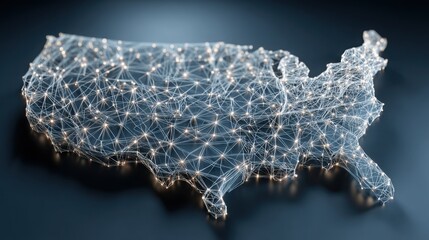 United states map enhanced with a network of illuminated lines representing blockchain welfare system technology concept