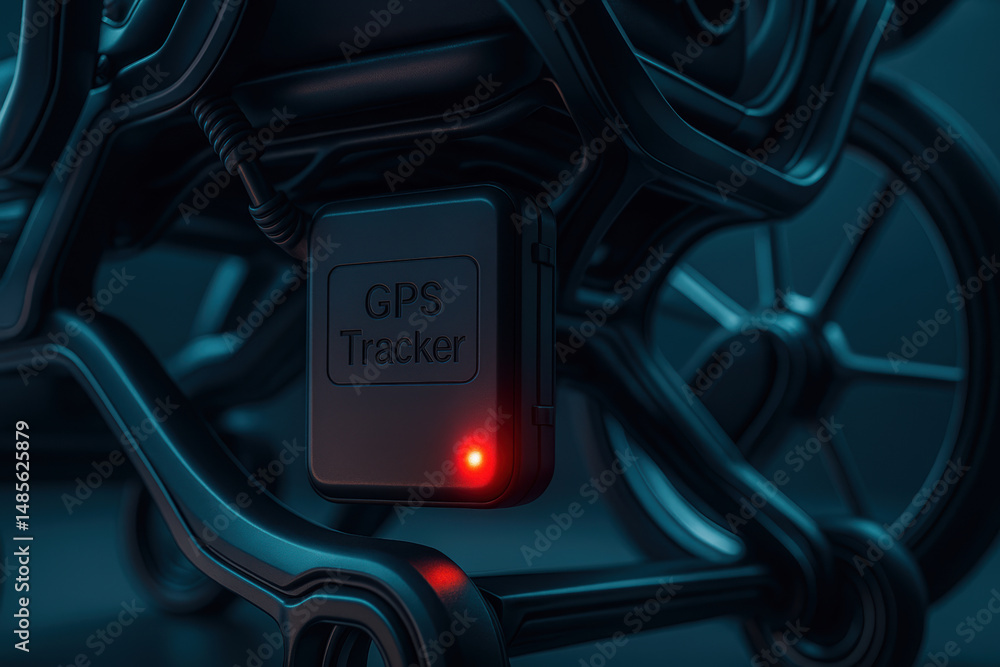 Poster futuristic gps tracker device attached to wheelchair frame with glowing red light indicating active 