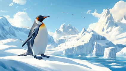 Fototapeta premium Emperor penguin standing on snow-covered landscape with icy mountains and ocean under a bright blue sky with scattered clouds and flying birds