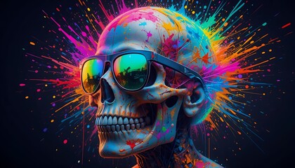 Human skull with neon paint splatter and stylish sunglasses