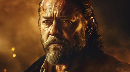 A rugged man with a serious expression gazes directly at the viewer, his features highlighted by dramatic lighting in a warm, possibly fiery environment.