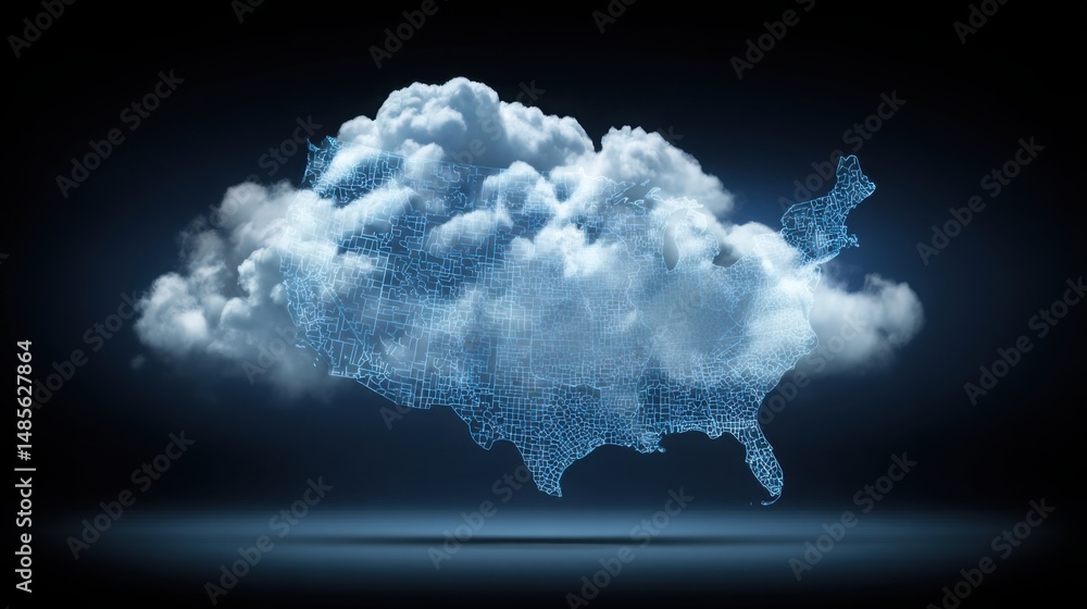 Poster cloud with a map of the united states representing economic distribution and conceptual data visuali