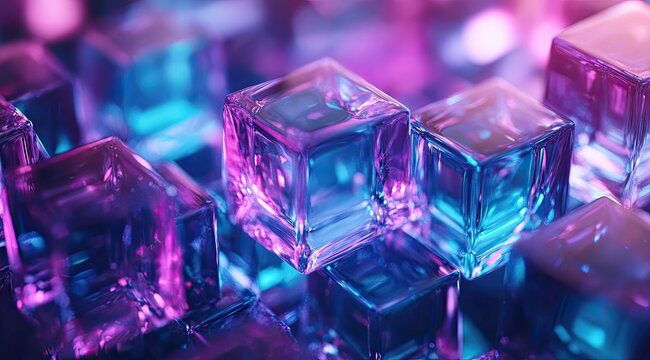 Translucent cubes in vibrant neon hues.  Clusters of  faceted,  glass-like  cubes in  vibrant  pink  and  blue  neon light