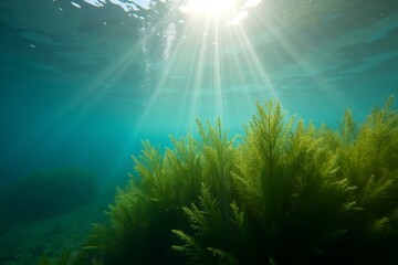 Underwater sunbeams illuminate swaying aquatic plants