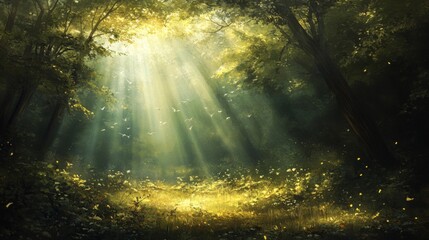 Sunlit Forest Path: Golden Light and Green Leaves