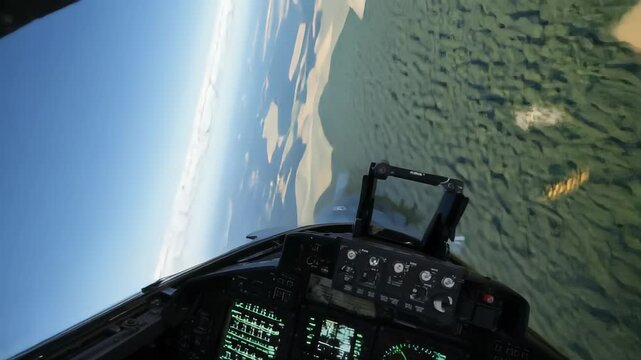 Cockpit View: Jetfighter Banking Over Fields