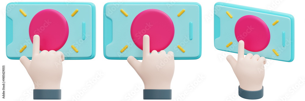 Poster set of hand interacting with a colorful digital button interface 3d render icon illustration