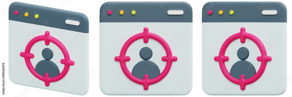 Poster set of 3d illustration of target audience icons on website interface 3d render icon illustration