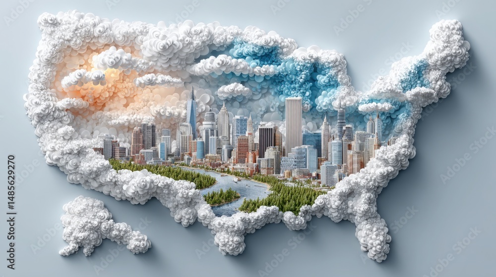 Poster united states surrounded by clouds and trees in a conceptual design representing inflation models an