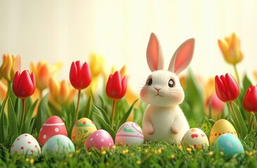 Obraz premium adorable white bunny surrounded by colorful decorated eggs and vibrant red and yellow tulips in bright garden setting