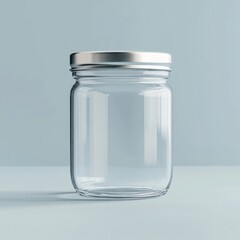 Clear glass jar with metal lid isolated on light blue background ideal for storage food or crafts minimalist design