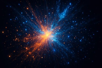 Abstract Digital Explosion with Glowing Blue and Orange Particles
