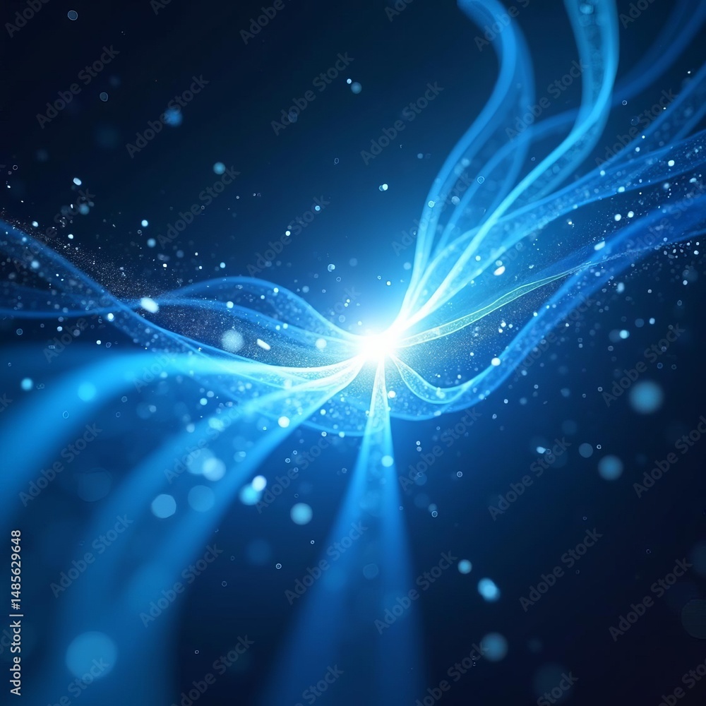 Poster abstract blue particle light wave design with flowing energy, sparkling highlights, and soft bokeh o