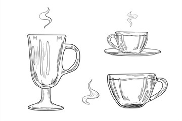 Vector set of tea pair, mulled wine mug, and coffee cup with steam monochrome illustration. Drink drinkware line art black ink sketch for cafe branding, winter holiday design, cozy home decor