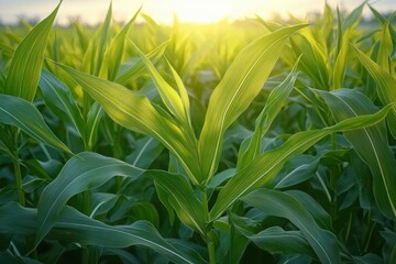 Obraz premium Close-up view of green corn plants illuminated by warm sunlight in a lush field, signifying growth and natural vitality